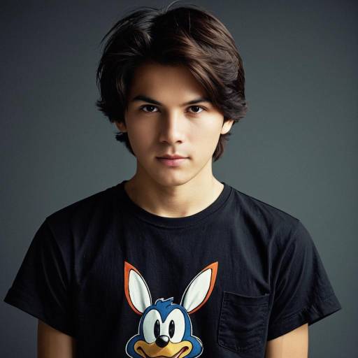 Young Man in Black Cartoon Shirt