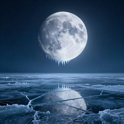 Digital artwork of a glowing, moon-like sphere with icicles hanging from its edge, hovering over a cracked, icy ocean at night.