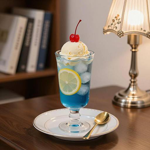 Blue Ice Cream Soda with Lemon and Cherry