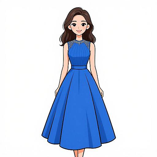 Digital drawing of a smiling woman with wavy brown hair, wearing a sleeveless, royal blue, knee-length dress with embellished neckline, standing against