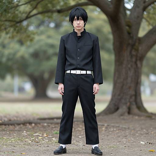 Photograph of an Asian male with black hair, wearing a black button-up shirt, black pants, white belt, black shoes, and white socks,