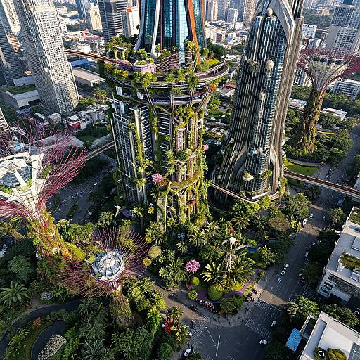 Aerial photograph of a modern urban park surrounded by tall skyscrapers, featuring lush greenery, colorful flowers, and a glass dome structure.