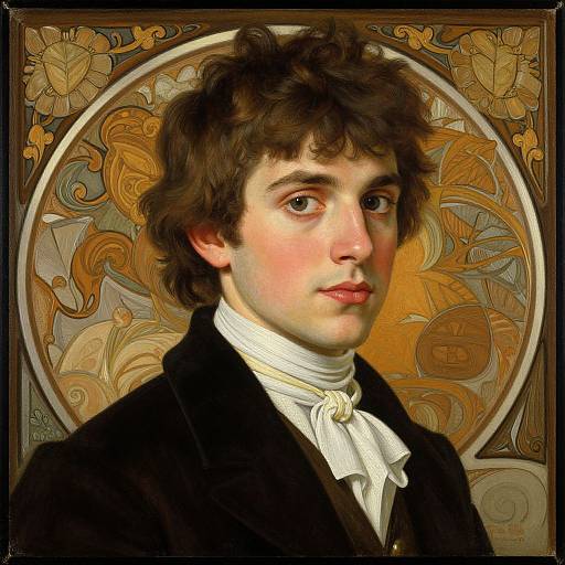 Digital portrait of a young, fair-skinned man with curly brown hair, wearing a black coat and white cravat, set against an ornate