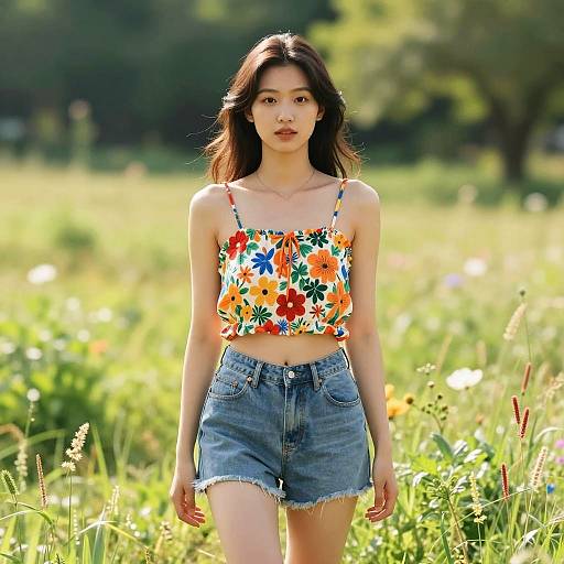 Young woman in floral crop top standing in meadow