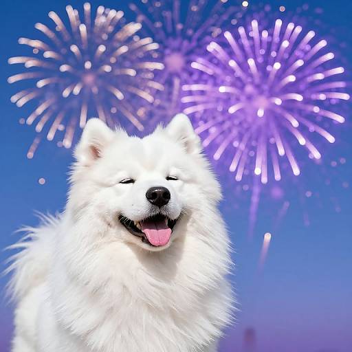 Joyful Samoyed Amid Summer Fireworks