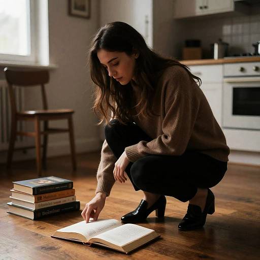 Crouching Woman in Cozy Living Room