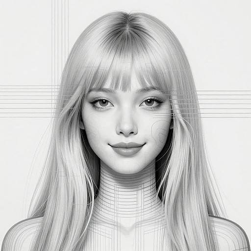 Digital black-and-white portrait of a smiling young woman with long, straight blonde hair, detailed line art background, and subtle crosshatching.
