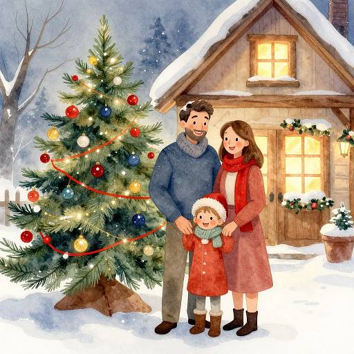 Watercolor-style illustration of a bearded man, woman, and child standing by a lit Christmas tree and cozy wooden house at night.