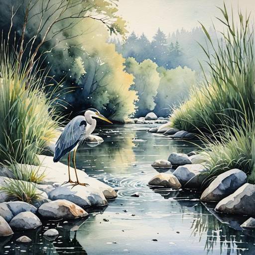 Watercolor Heron by Stream