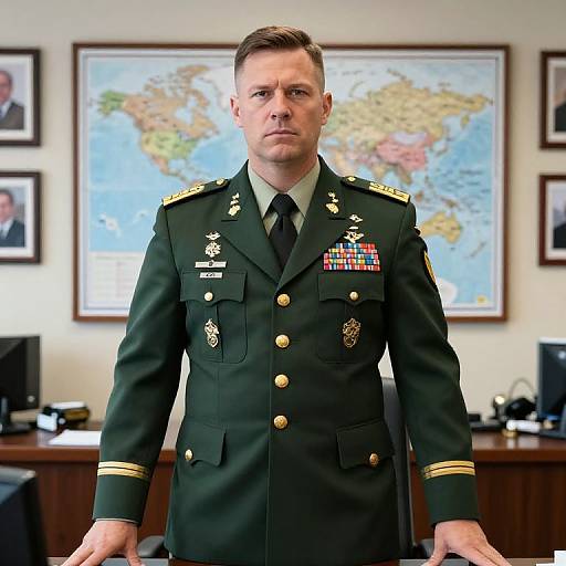 Photograph of a stern-looking male military officer in a dark green uniform with gold buttons and multiple colorful medals, standing in an office with a world map