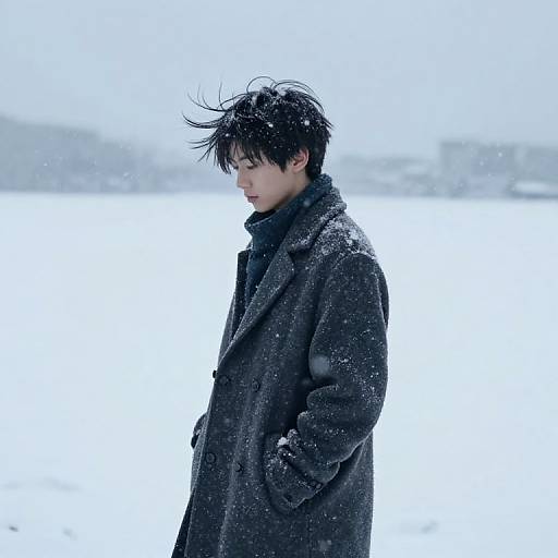 Photograph of a young Asian man with black, windswept hair, wearing a dark, woolen coat, standing in a snowy field, looking