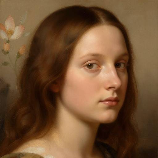 Photorealistic digital portrait of a young woman with fair skin, brown wavy hair, and soft brown eyes, against a beige background with subtle floral