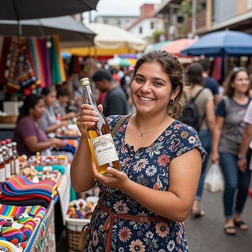 Photograph of a smiling young woman with brown hair in a floral dress, holding a bottle of honey at a bustling outdoor market. Vibrant stalls and