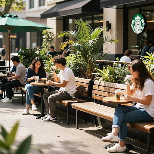 Sunlit Starbucks Patio with Greenery