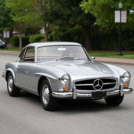 Photograph of a sleek, silver Mercedes-Benz 300SL classic car parked on a suburban street, with lush green trees and street signs in the background