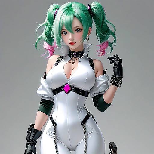 Digital anime-style artwork of a green-haired woman with pink-tipped pigtails, wearing a white, form-fitting latex outfit with black accents,