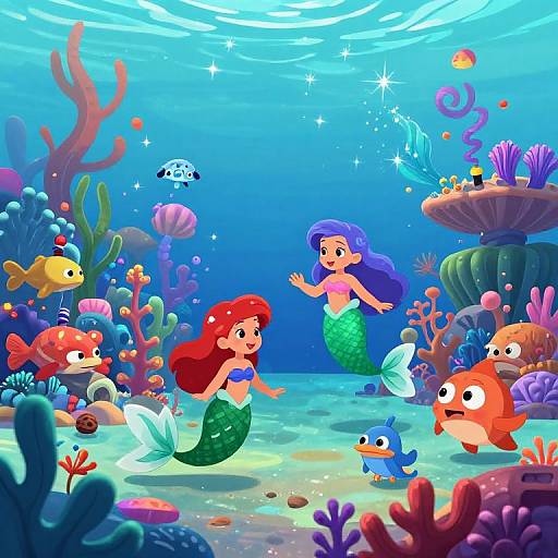 Colorful cartoon underwater scene with two mermaids, various fish, and vibrant coral, set against a blue, sunlit ocean background.