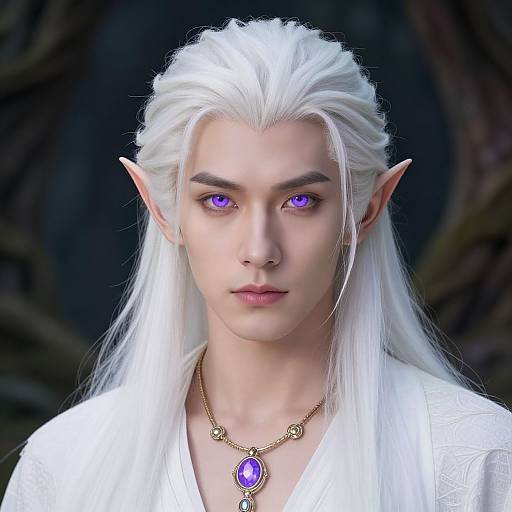 Digital artwork of a white-haired, pale-skinned elf with pointed ears, purple eyes, and a white robe, wearing a gold necklace with a purple