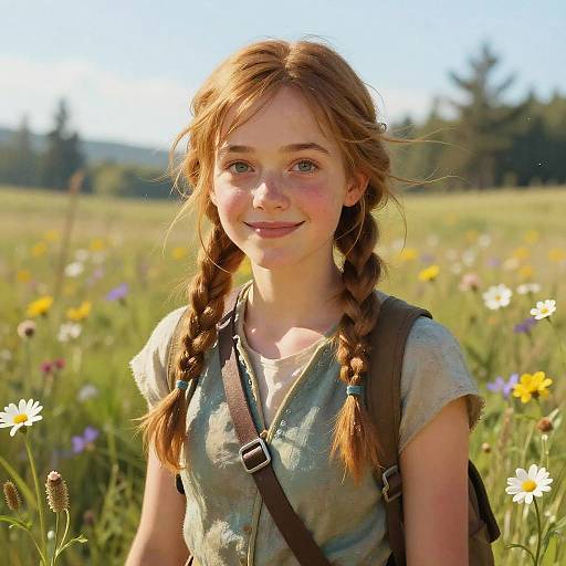 Photograph of a young, red-haired girl with braids, wearing a green shirt and brown backpack, smiling in a sunny meadow filled with wild
