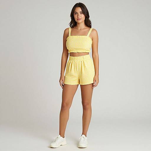 Photograph of a young woman with medium skin tone, black wavy hair, wearing a yellow checkered crop top and high-waisted shorts,
