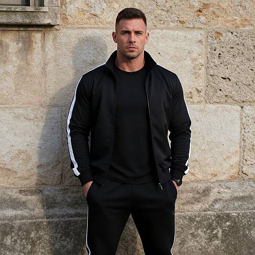 Photograph of a muscular, short-haired man with a serious expression, wearing a black jacket and black pants, standing against a textured stone wall.