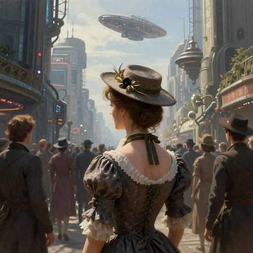 Steampunk city street scene: Victorian woman in black lace dress and hat, back view, surrounded by people, flying airships overhead. Digital art