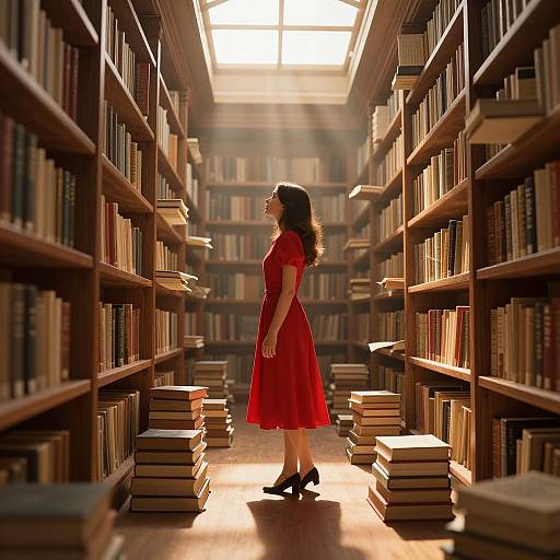 Photograph of a woman in a red dress and black heels standing in a sunlit library aisle, surrounded by tall bookshelves and stacked books.