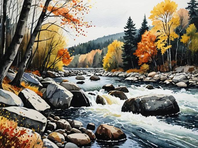 Fall Watercolor River Landscape