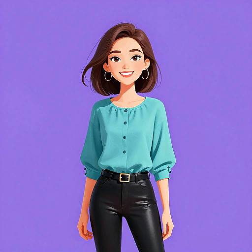 Digital illustration of a smiling woman with brown hair, wearing a light blue blouse and black leather pants, against a solid purple background.