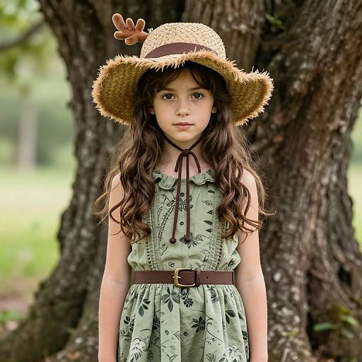 Photograph of a young girl with long brown hair, wearing a straw hat with a deer antler accessory, a light green floral dress, and brown