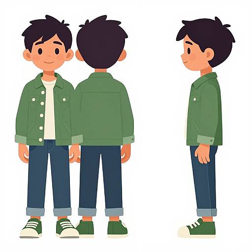 Digital illustration of a cute, young boy with black hair, green jacket, white shirt, blue pants, and green sneakers, shown from front, back