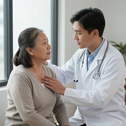 Photograph of an Asian male doctor in a white coat with a stethoscope, gently touching the chest of an Asian woman in a beige sweater,