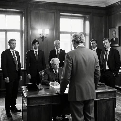 Dramatic Meeting in a Wood-Paneled Room