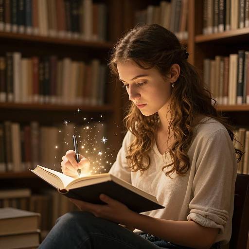 Photograph of a young woman with wavy brown hair, wearing a white sweater and blue jeans, reading a glowing book in a dimly lit library