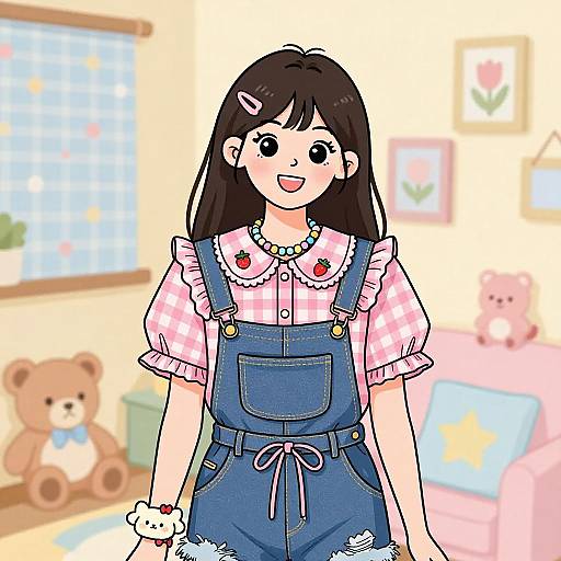Anime-style digital drawing of a smiling girl with long black hair, pink checkered shirt, blue denim overalls, and a hairpin, in a
