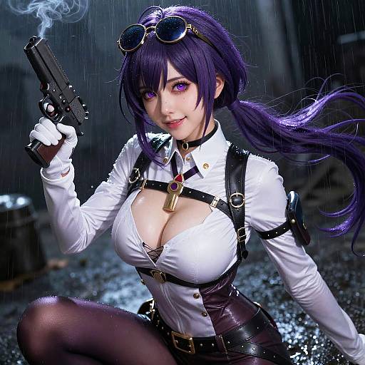 Cosplay Woman with Purple Hair Holding Gun in Rain