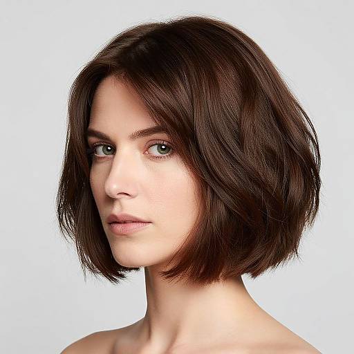 Photorealistic portrait of a young woman with short, dark brown, wavy bob haircut, fair skin, and blue eyes, against a white background