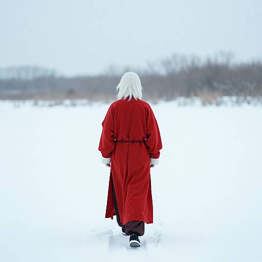 Photograph of a person with white hair wearing a long red coat, walking alone in a snowy, white landscape.