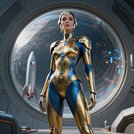 CGI image of a futuristic, blonde woman in a gold and blue metallic spacesuit, standing in a space station with a large circular window and a