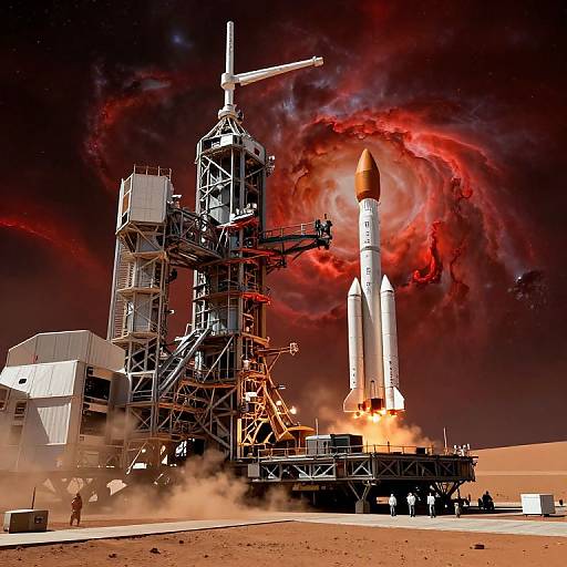 Photograph of a rocket launch at night, with fiery exhaust, red swirling sky, launch tower, and smoke, set on a desert launchpad.