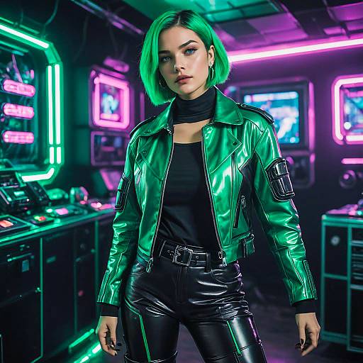 Cyberpunk Woman with Emerald Leather Jacket in Futuristic Nightclub