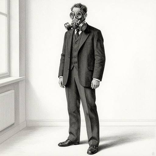 Black-and-white digital drawing of a suited man wearing a gas mask, standing in a bright, empty room by a window.