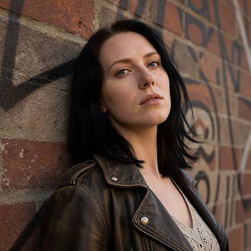 Photograph of a pale-skinned woman with black hair, wearing a brown leather jacket and white lace top, leaning against a graffiti-covered brick wall.