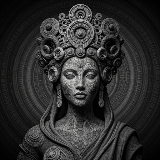 Photorealistic digital artwork of a detailed, ornate, black and silver stone bust of an androgynous figure with intricate circular patterns and a