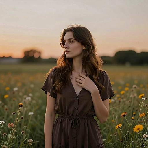 Contemplative Woman in Sunset Field