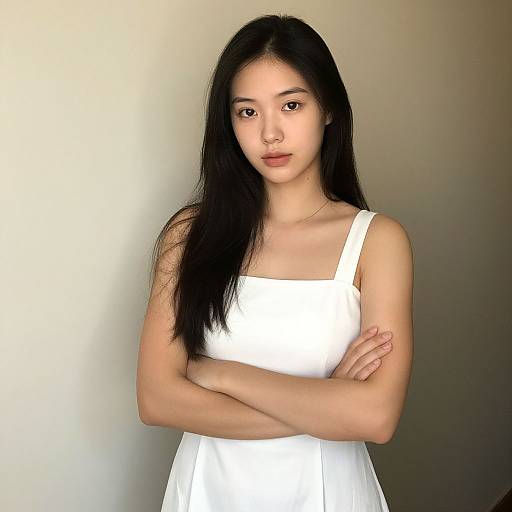 Photograph of an Asian woman with long black hair, wearing a white sleeveless dress, standing with arms crossed, neutral expression, plain beige background.