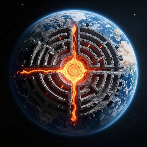 Digital art of a glowing, fiery cross piercing a labyrinthine city on Earth, with blue and white planet against dark space.