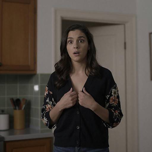 Surprised Woman in Dimly Lit Kitchen