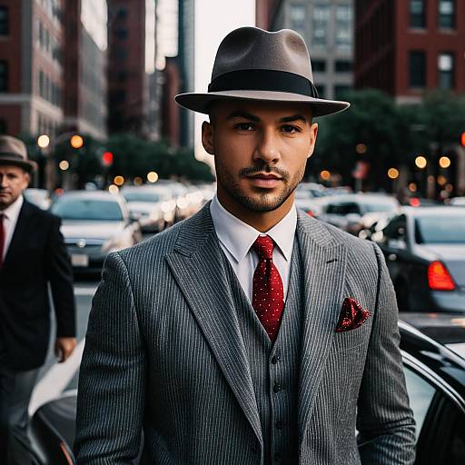 Stylish Man in Grey Pinstripe Suit and Fedora