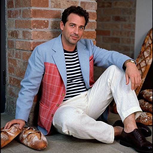 Photograph of a casually dressed man with short dark hair, wearing a blue and red plaid jacket, white pants, black shoes, and a striped